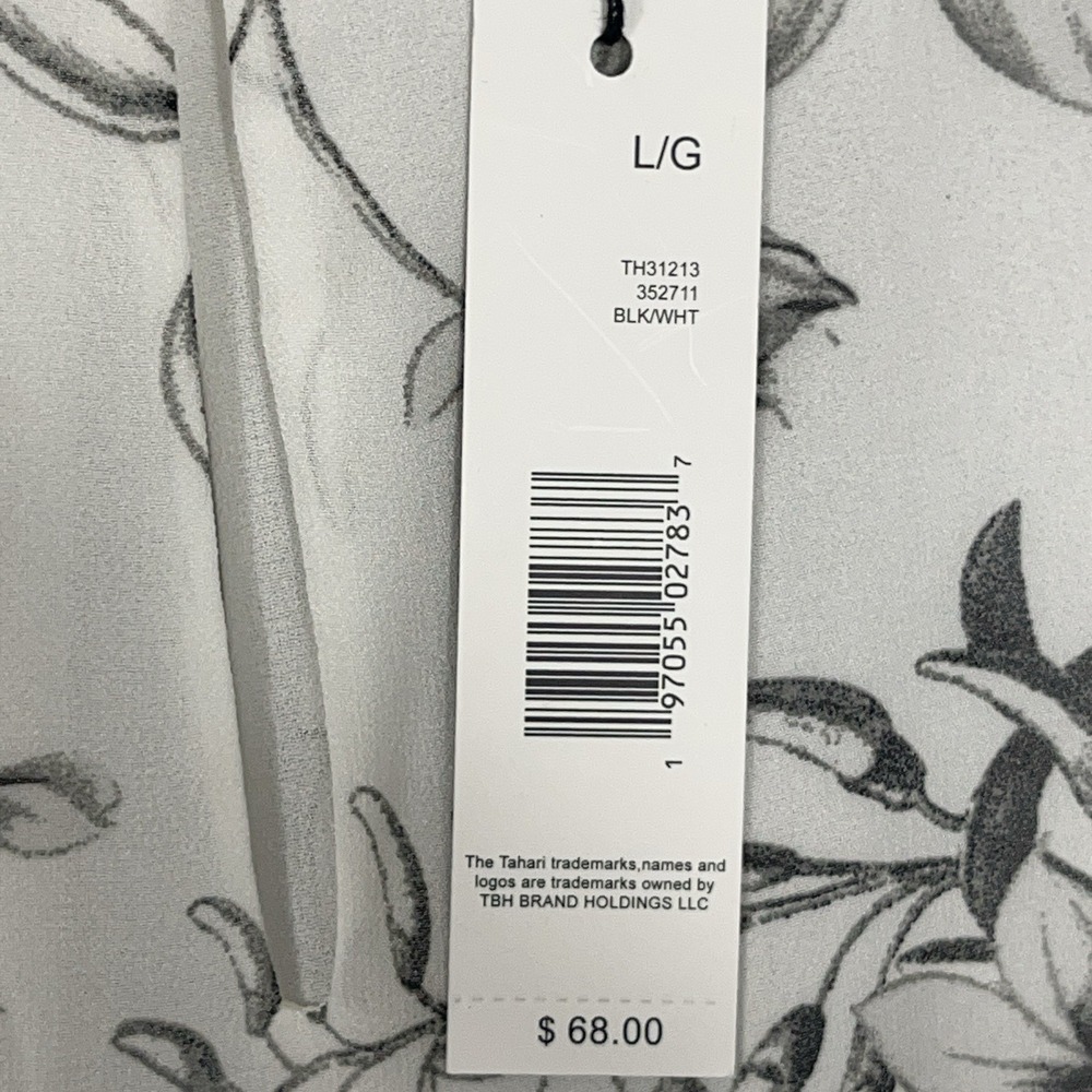 Tahari Blouse White Black Floral Flutter Short Sleeve NWT L Sheer Lined Career - Picture 4 of 13